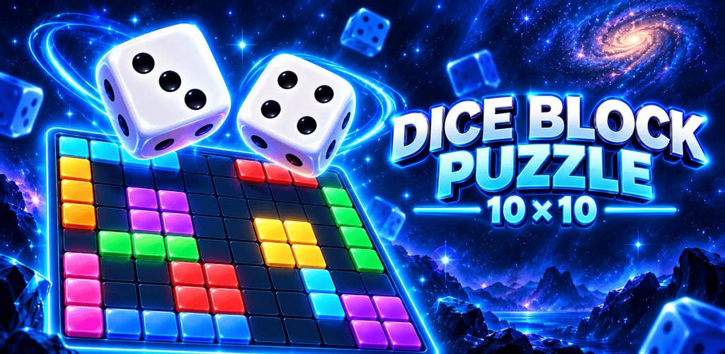 Dice Block Puzzle 10×10 in a cosmic landscape